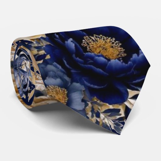 Navy Blauw en Goud Waterverf Pioenbruiloftsbruideg Stropdas (Opgerold)