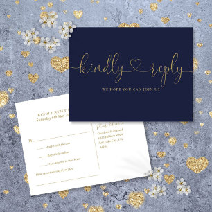 Navy Blauw en Gouden Hart Script Lied Verzoek RSVP Uitnodiging Briefkaart