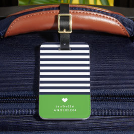 Navy blauw en groen chique strepen hart monogram bagagelabel
