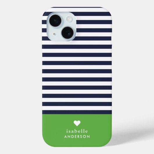 Navy blauw en groen chique strepen hart monogram Case-Mate iPhone case (Achterkant)