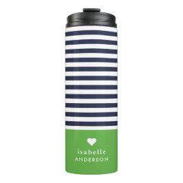 Navy blauw en groen chique strepen hart monogram thermosbeker
