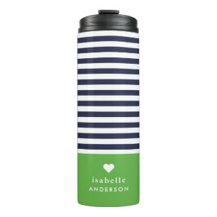 Navy blauw en groen chique strepen hart monogram thermosbeker