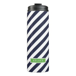Navy Blauw en Groen Preppy Strepen Monogram Thermosbeker