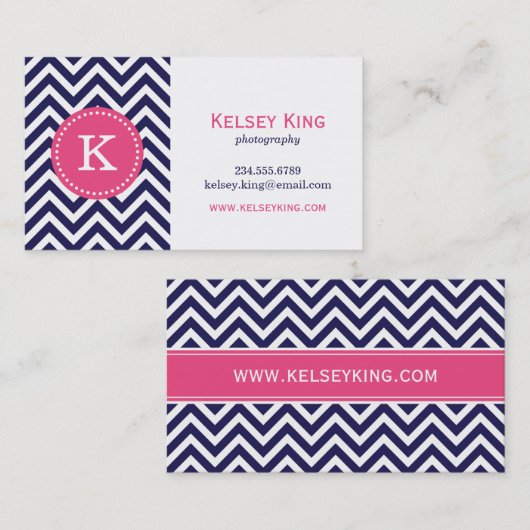 Navy Blauw en Hot Pink Chevron Custom Monogram Visitekaartje (Voorkant / Achterkant)