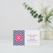 Navy Blauw en Hot Pink Chevron Custom Monogram Visitekaartje (Staand voorkant)