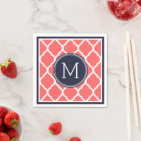 Navy Blauw en koraal Quatrefoil Bruiloft Monogram