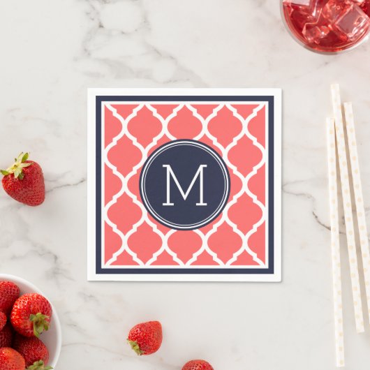 Navy Blauw en koraal Quatrefoil Bruiloft Monogram Servetten (Insitu)