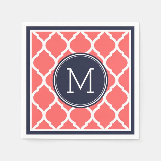 Navy Blauw en koraal Quatrefoil Bruiloft Monogram Servetten (Voorkant)