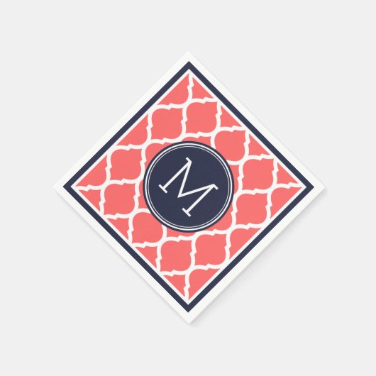 Navy Blauw en koraal Quatrefoil Bruiloft Monogram Servetten (Hoek)