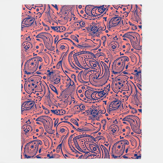 Navy blauw en koraalrood bloempaisley fleece deken (Voorkant)