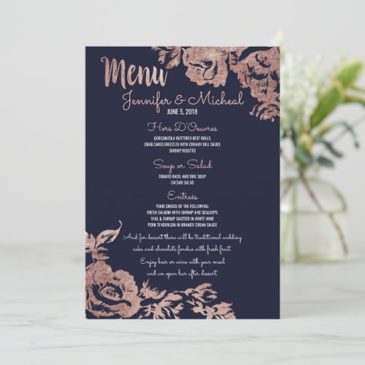Navy Blauw en Roos Goud Bloemen Bruiloft Menu (Staand voorkant)
