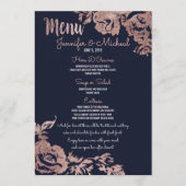 Navy Blauw en Roos Goud Bloemen Bruiloft Menu (Voorkant)
