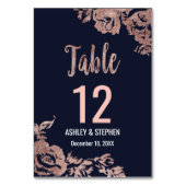 Navy Blauw en Roos Goud Bloemen Tafel Nummers Kaart (Voorkant)