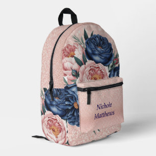 Navy Blauw en Roos Gouden Bloemen Bedrukte Rugzak