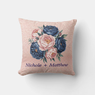 Navy Blauw en Roos Gouden Bloemen Kussen