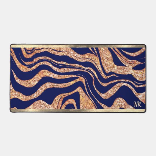 Navy blauw en Roos gouden glitter Zebra Monogram Bureaumat (Voorkant)