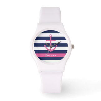 Navy blauw en roze anker monogram horloge