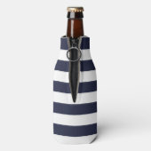 Navy Blauw en Roze Preppy Strepen Monogram Flesjeskoeler (Fles Achterkant)