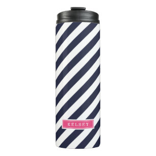 Navy Blauw en Roze Preppy Strepen Monogram Thermosbeker