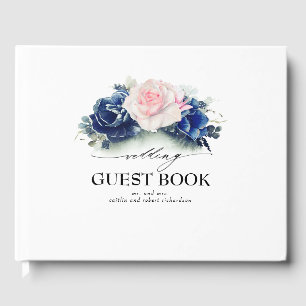 Navy Blauw en Roze Waterverf Bloemen Bruiloft Gastenboek