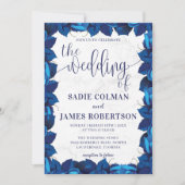 Navy Blauw en Wit Bloemen Foto Lijst Bruiloft Kaart (Voorkant)