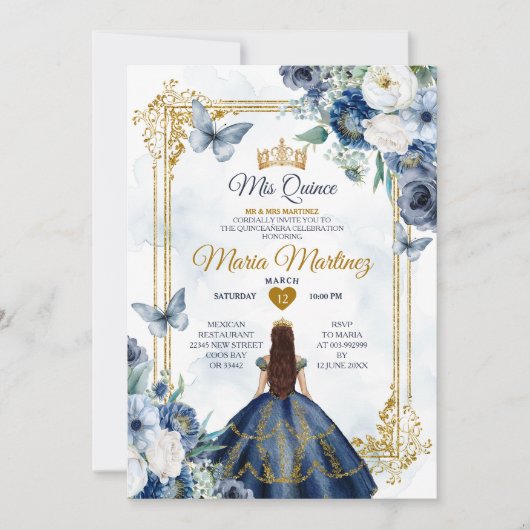 Navy blauw en wit bloemen prinses Quiñceanera Kaart (Voorkant)