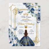 Navy blauw en wit bloemen prinses Quiñceanera Kaart (Voorkant / Achterkant)