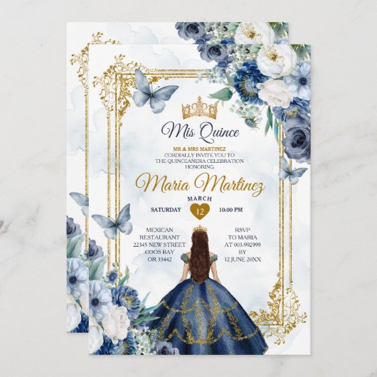 Navy blauw en wit bloemen prinses Quiñceanera Kaart (Voorkant / Achterkant)
