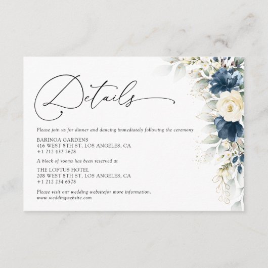 Navy Blauw en Wit Bruiloft Details Informatiekaartje (Voorkant)