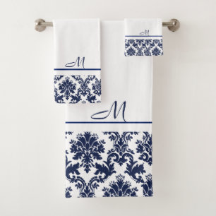Navy-blauw en wit  damasks 2 monogram ba bad handdoek