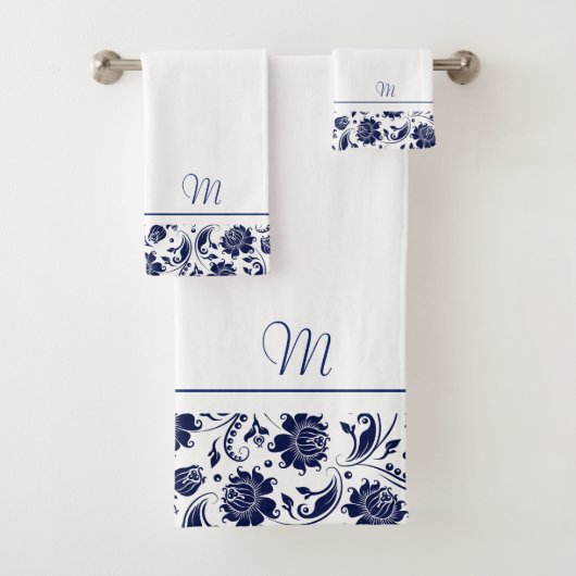 Navy-blauw en wit  damast monogram bad handdoek (Insitu)
