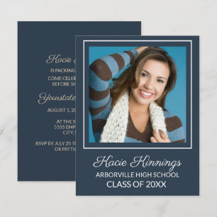 Navy Blauw en Wit Foto Koffer Feest Kaart