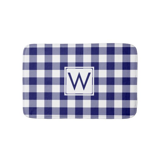 Navy Blauw en Wit Gingham Patroon met Monogram Badmat (Voorkant)