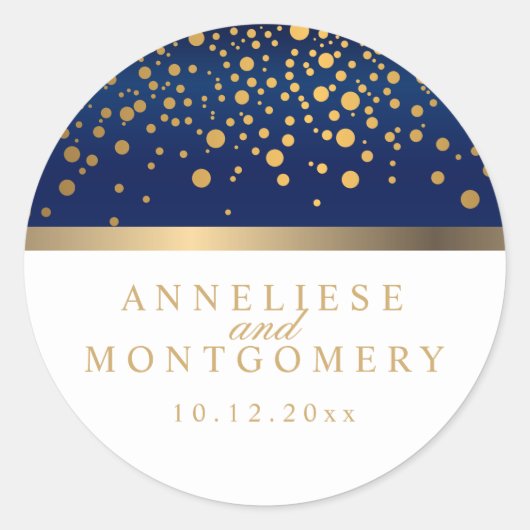 Navy blauw en wit met gouden Confetti Stippen Ronde Sticker (Voorkant)