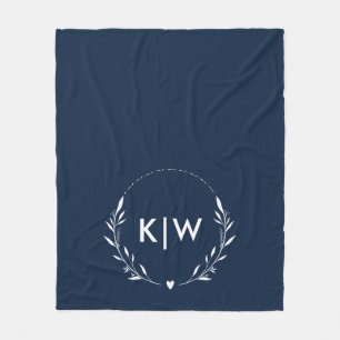 Navy Blauw en Wit Modern Initialen Monogram Fleece Deken