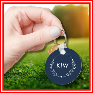 Navy Blauw en Wit   Modern Initialen Monogram Sleutelhanger