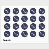 Navy Blauw en Wit Monogram Envelop Afdichtingen Ronde Sticker (Vel)