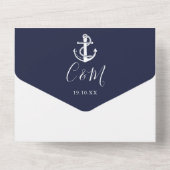 Navy blauw en wit nautisch anker script bruiloft all in one uitnodiging (Achterkant)
