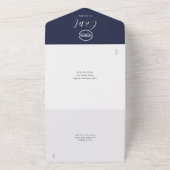 Navy blauw en wit nautische knoop script bruiloft all in one uitnodiging (Buitenkant)