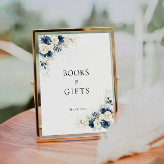 Navy Blauw en Wit Rozen Boeken en geschenken teken Reclamebord Met Voetstuk