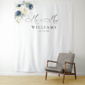 Navy Blauw en Wit Rozen Bruiloft Achtergronden Wandkleed (In situ)