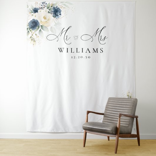 Navy Blauw en Wit Rozen Bruiloft Achtergronden Wandkleed (In situ)