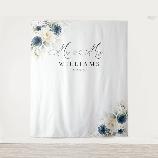 Navy Blauw en Wit Rozen Bruiloft Achtergronden Wandkleed (Voorkant)