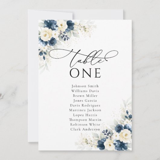Navy Blauw en Wit Rozen Bruiloft Zitkaarten (Voorkant)