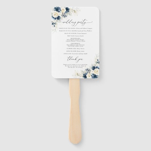 Navy Blauw en Wit Rozen Trouwprogramma Hand Fan Handwaaier (Achterkant)
