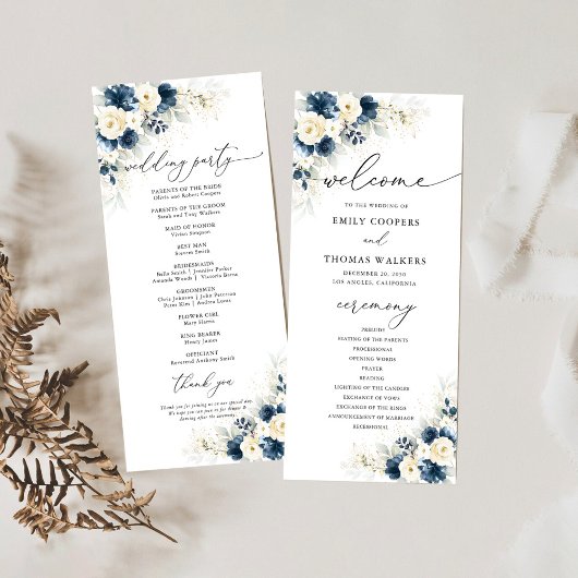 Navy Blauw en Wit Rozen Trouwprogramma Programma