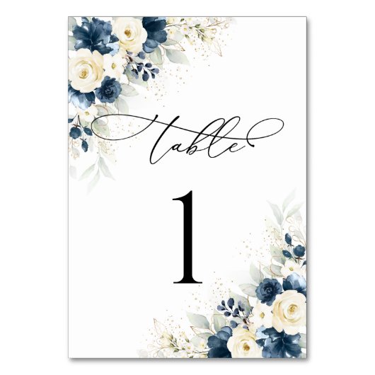 Navy Blauw en Wit Rozen Trouwtafel Nummers Kaart (Voorkant)