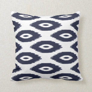 Navy Blauw en Wit Tribal Ikat Stippen Kussen