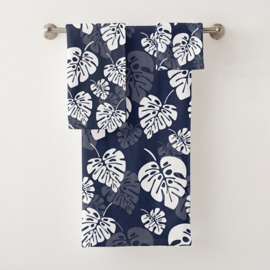 Navy Blauw en Wit Tropisch Blauw | Bloemen Bad Handdoek (Insitu)