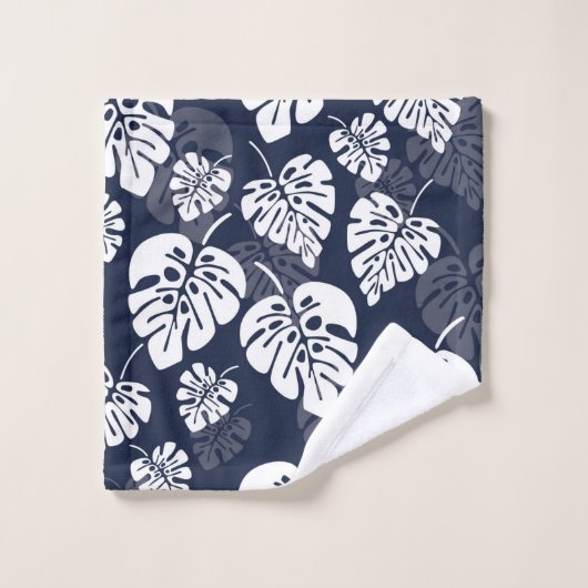 Navy Blauw en Wit Tropisch Blauw | Bloemen Bad Handdoek (Wasdoekje)